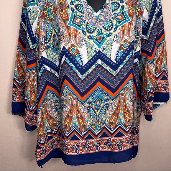 Large Renee C Colorful Boho Blouse Lightweight 3/4 Sleeve Vneck Boho Bohemian - Picture 8 of 12